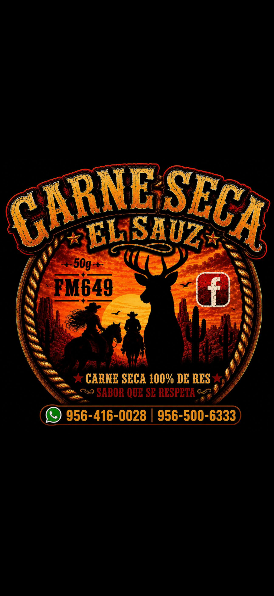 Carne Seca El Sauz FM649 logo with deer, cowboy, and cactus
